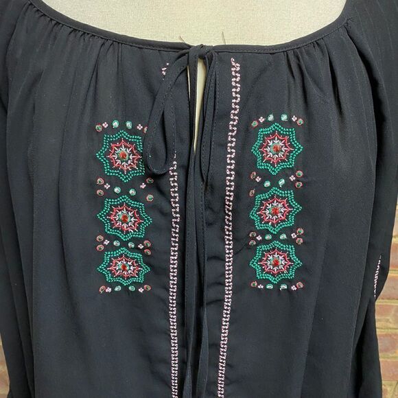GB Black Sheer Embroidery Tie Front Blouse - Picture 3 of 6